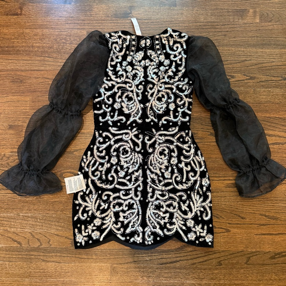 ASOS LUXE Keyhole Plunge Embellished Mini Dress with Sheer Bishop Sleeves NWT - Picture 13 of 15